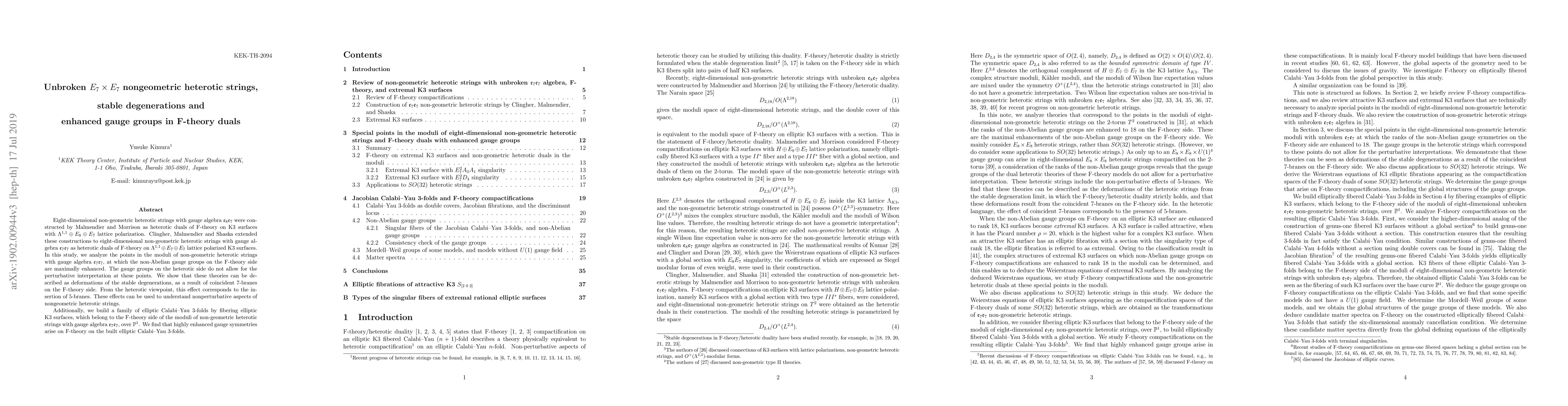 Thumbnail for Unbroken $E_7\times E_7$ nongeometric heterotic strings, stable
  degenerations and enhanced gauge groups in F-theory duals