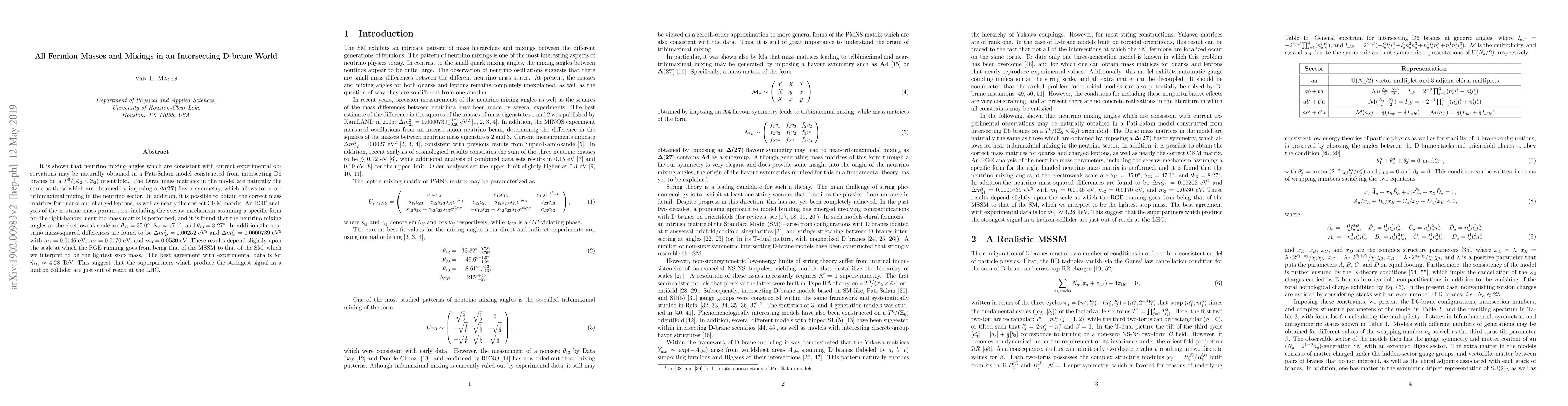 Thumbnail for All Fermion Masses and Mixings in an Intersecting D-brane World