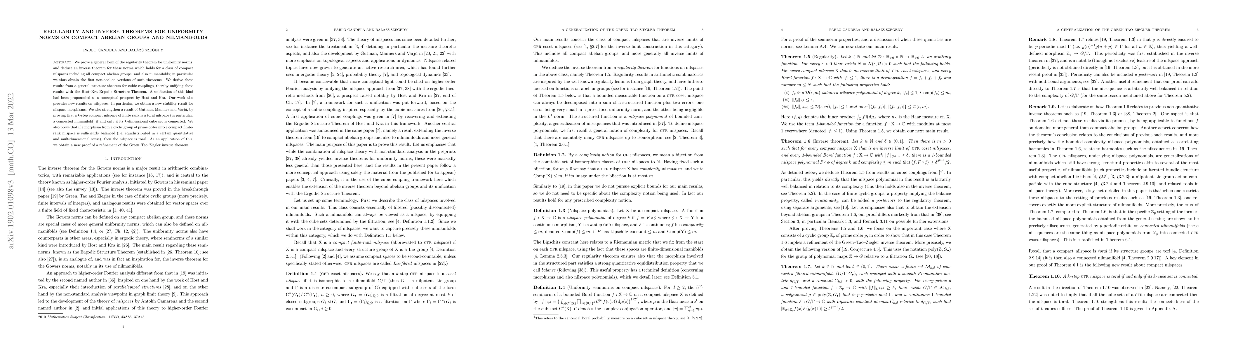 Thumbnail for Regularity and inverse theorems for uniformity norms on compact abelian
  groups and nilmanifolds