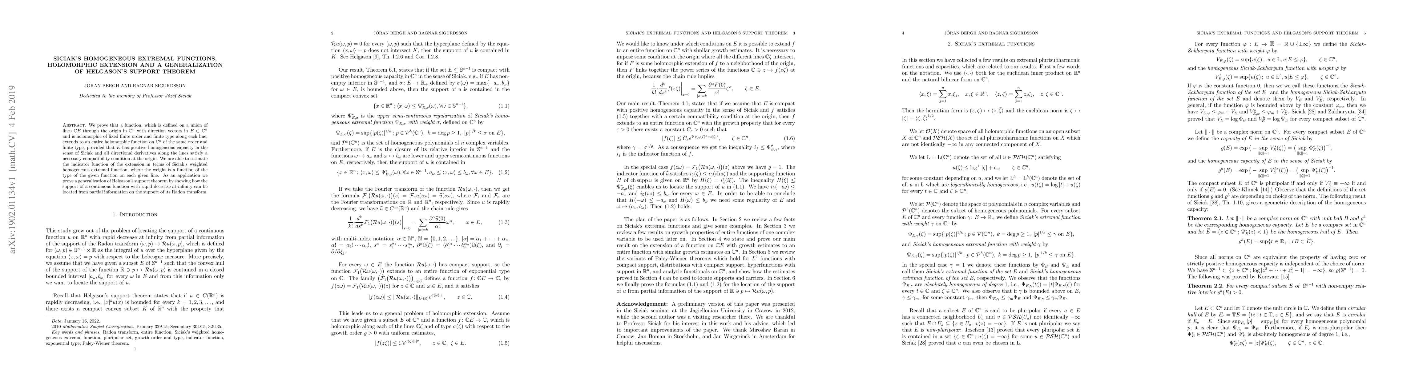 Thumbnail for Siciak's homogeneous extremal functions, holomorphic extension and a
  generalization of Helgason's support theorem