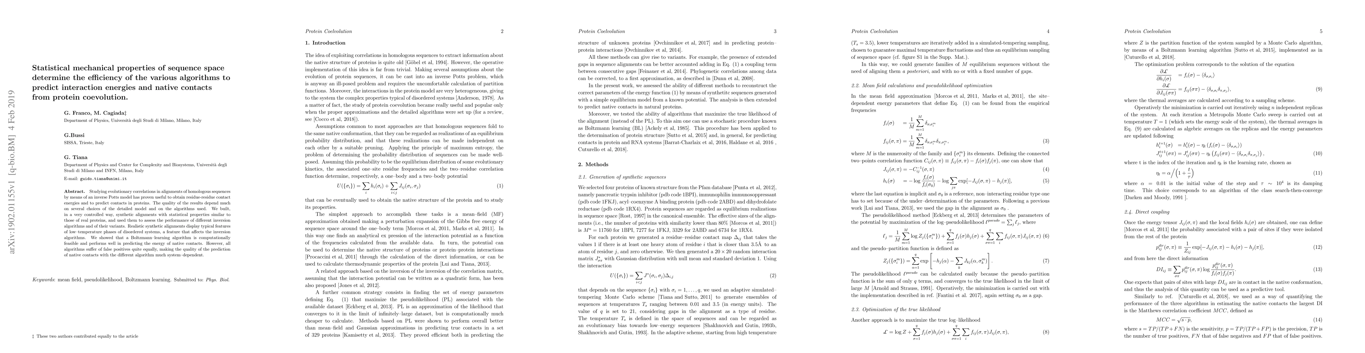 Thumbnail for Statistical mechanical properties of sequence space determine the
  efficiency of the various algorithms to predict interaction energies and
  native contacts from protein coevolution