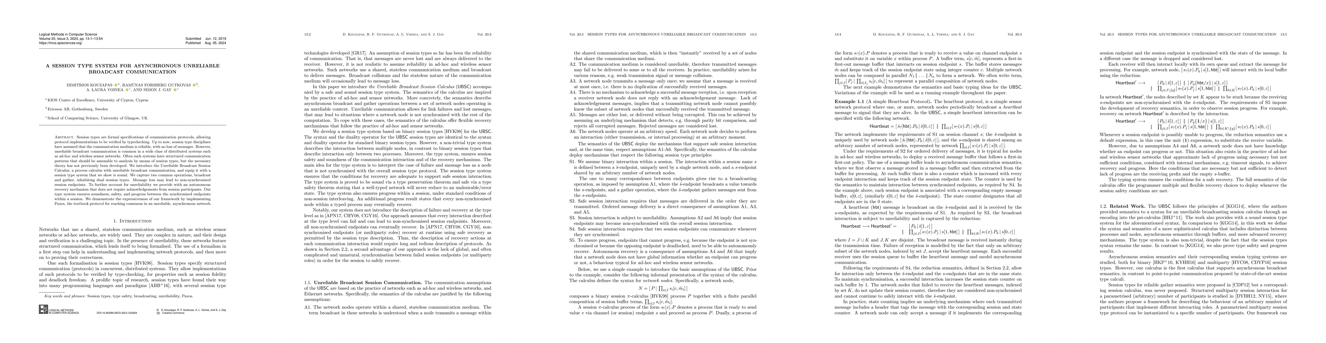 Thumbnail for A Session Type System for Asynchronous Unreliable Broadcast
  Communication