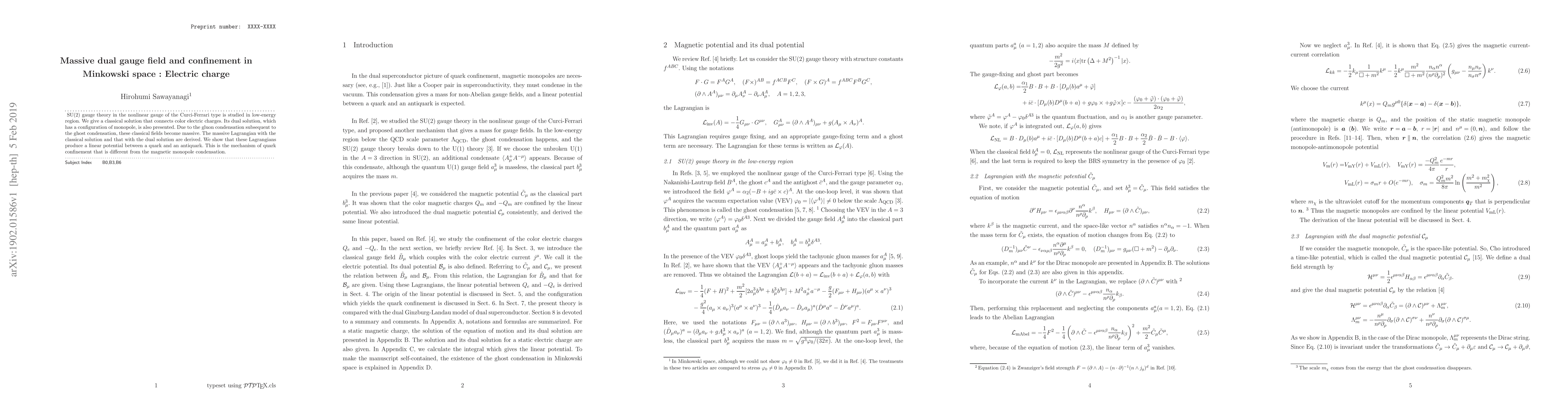 Thumbnail for Massive dual gauge field and confinement in Minkowski space : Electric
  charge