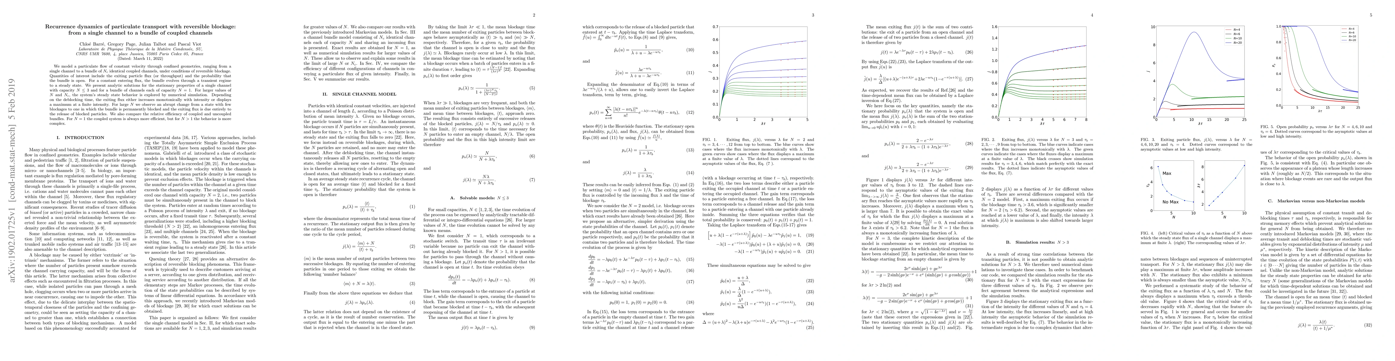 Thumbnail for Recurrence dynamics of particulate transport with reversible blockage:
  from a single channel to a bundle of coupled channels