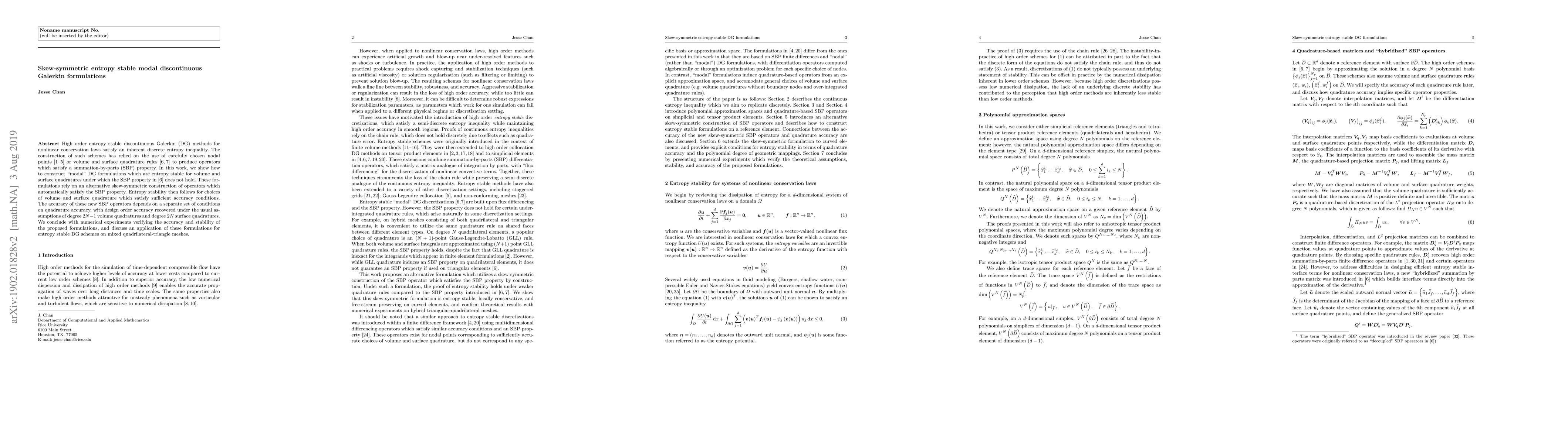 Thumbnail for Skew-symmetric entropy stable modal discontinuous Galerkin formulations