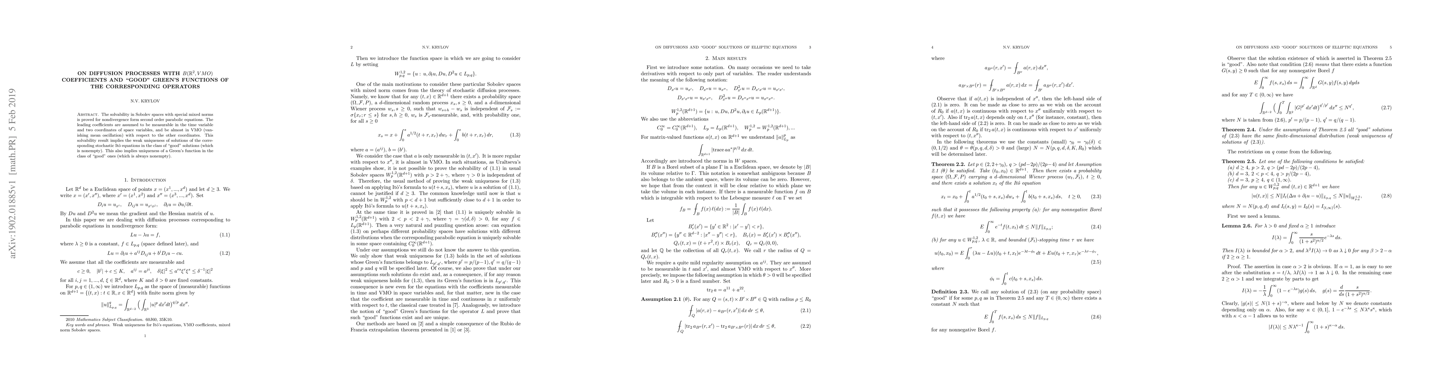Thumbnail for On diffusion processes with $B(\mathbb{R}^{2}, VMO)$ coefficients and
  "good" Green's functions of the corresponding operators