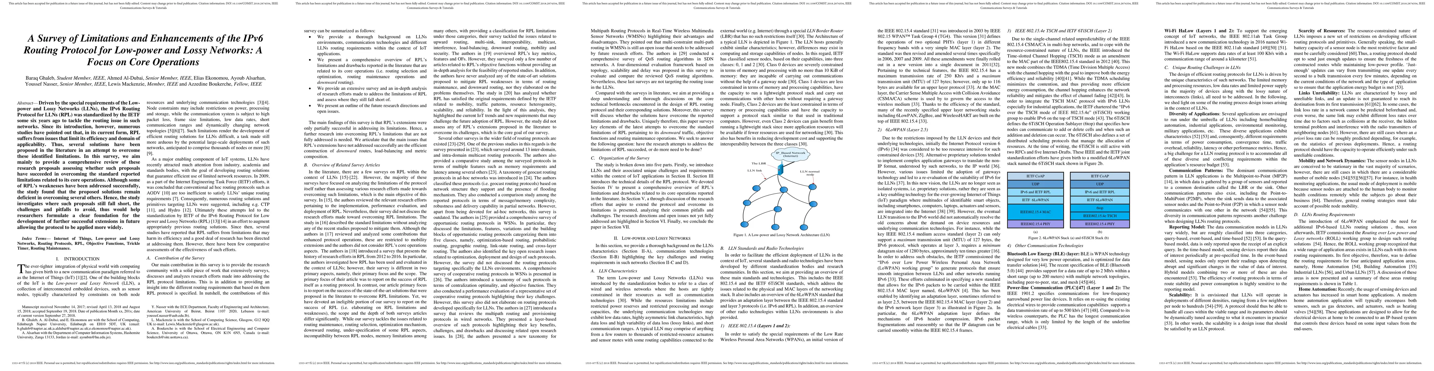 Thumbnail for A Survey of Limitations and Enhancements of the IPv6 Routing Protocol
  for Low-power and Lossy Networks: A Focus on Core Operations