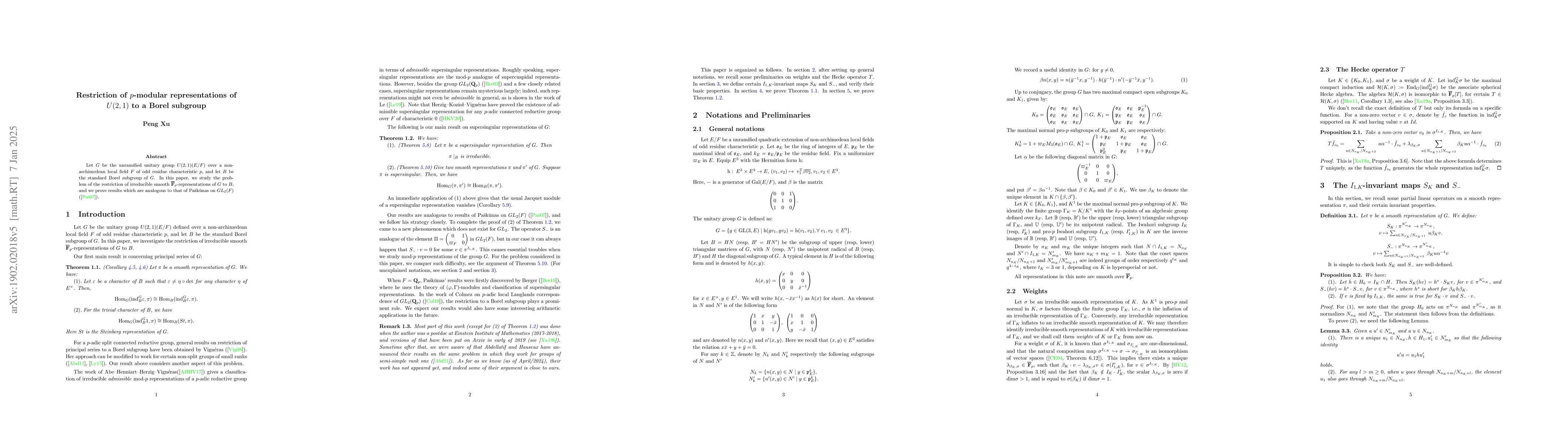 Thumbnail for Restriction of $p$-modular representations of $U(2, 1)$ to a Borel
  subgroup