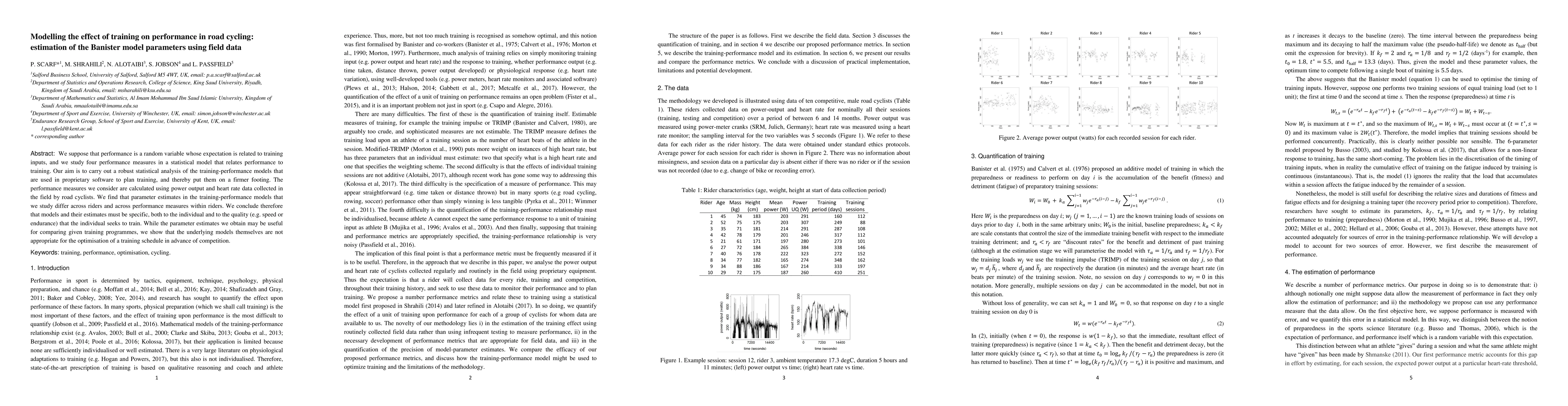 Thumbnail for Modelling the effect of training on performance in road cycling:
  estimation of the Banister model parameters using field data