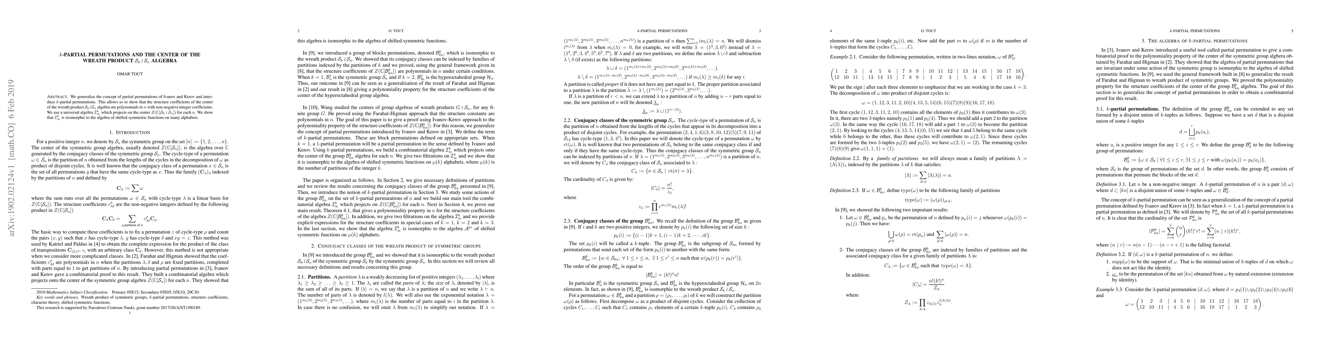 Thumbnail for $k$-partial permutations and the center of the wreath product
  $\mathcal{S}_k\wr \mathcal{S}_n$ algebra