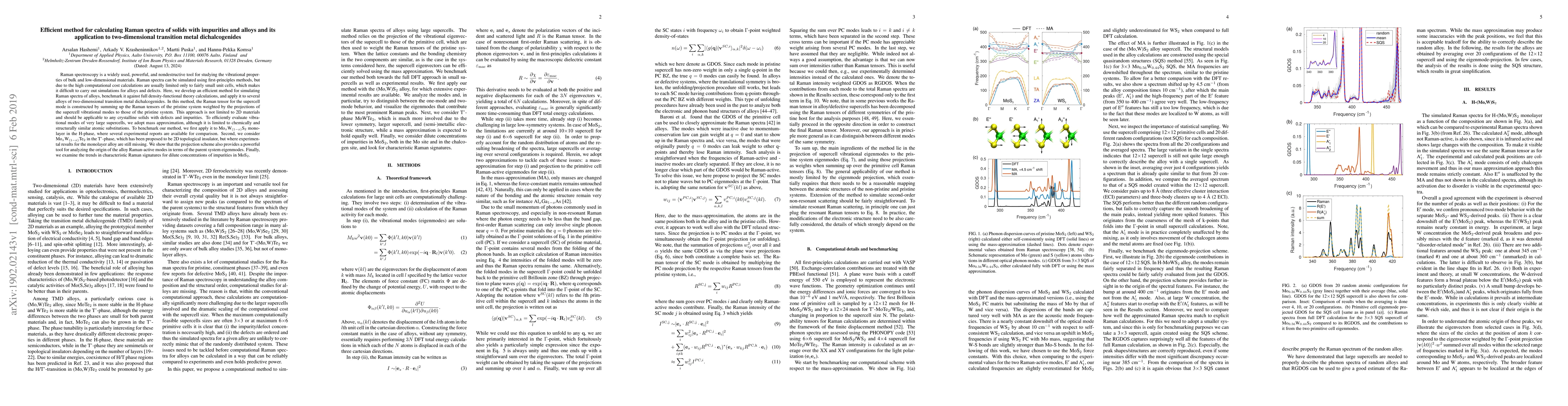 Thumbnail for Efficient method for calculating Raman spectra of solids with impurities
  and alloys and its application to two-dimensional transition metal
  dichalcogenides