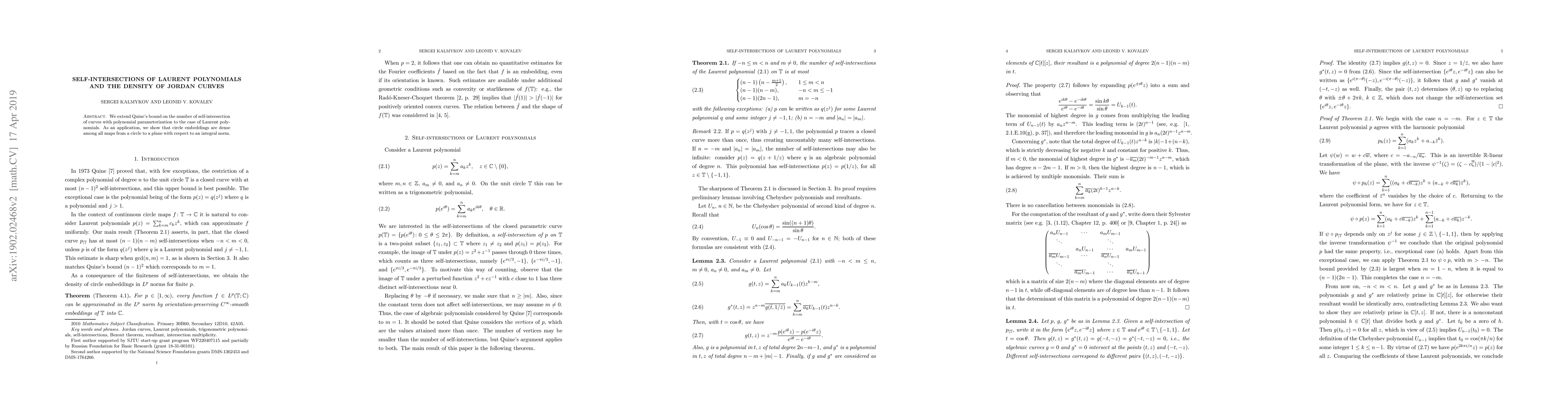 Thumbnail for Self-intersections of Laurent polynomials and the density of Jordan
  curves