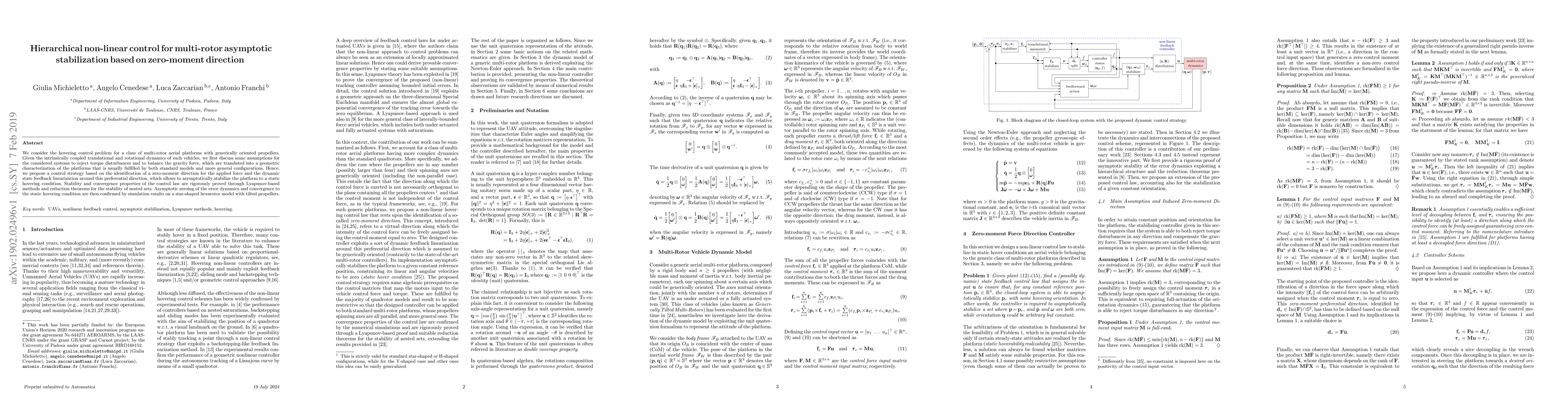 Thumbnail for Hierarchical non-linear control for multi-rotor asymptotic stabilization
  based on zero-moment direction