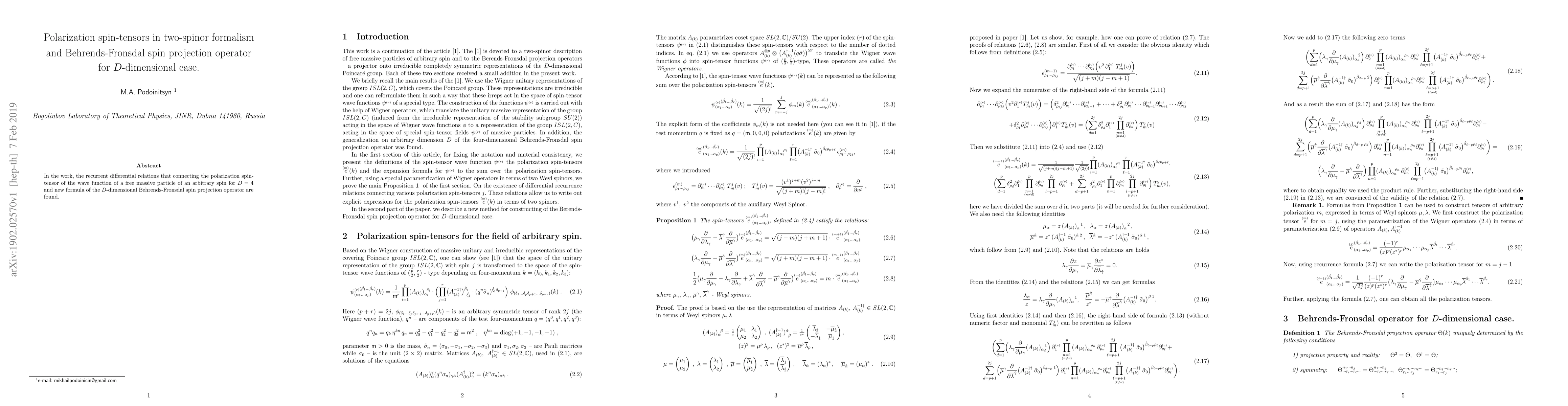 Thumbnail for Polarization spin-tensors in two-spinor formalism and Behrends-Fronsdal
  spin projection operator for $D$-dimensional case