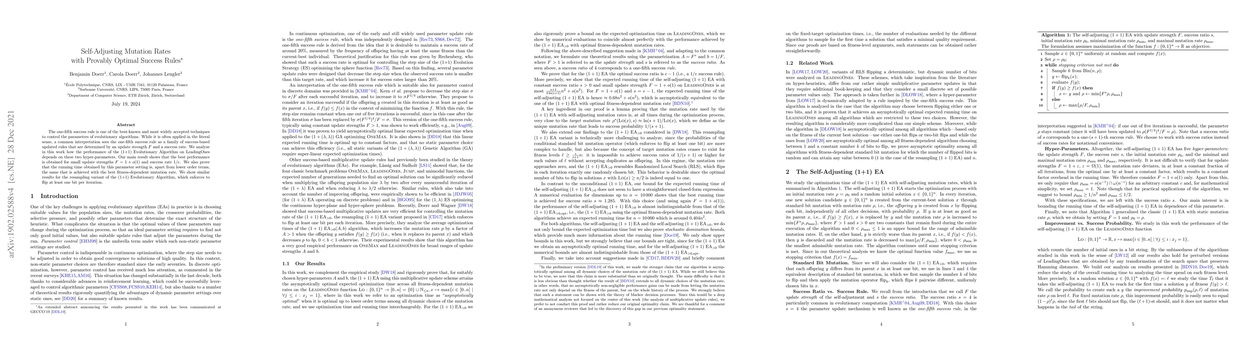 Thumbnail for Self-Adjusting Mutation Rates with Provably Optimal Success Rules