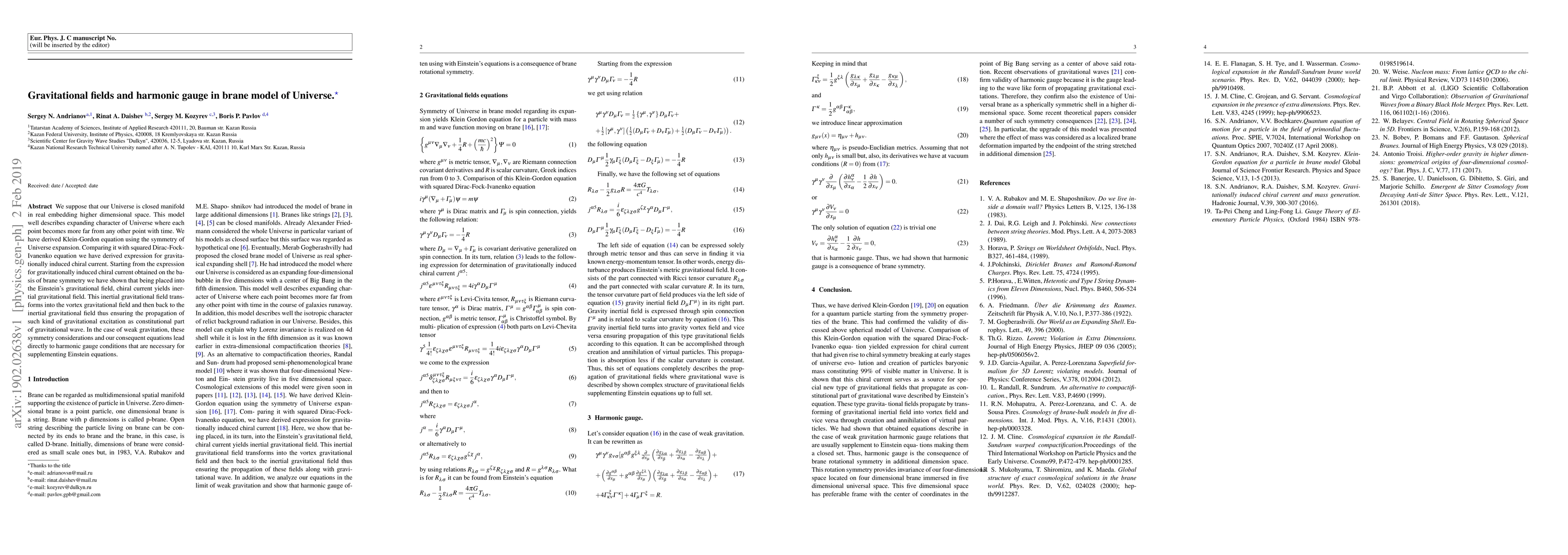 Thumbnail for Gravitational fields and harmonic gauge in brane model of Universe
