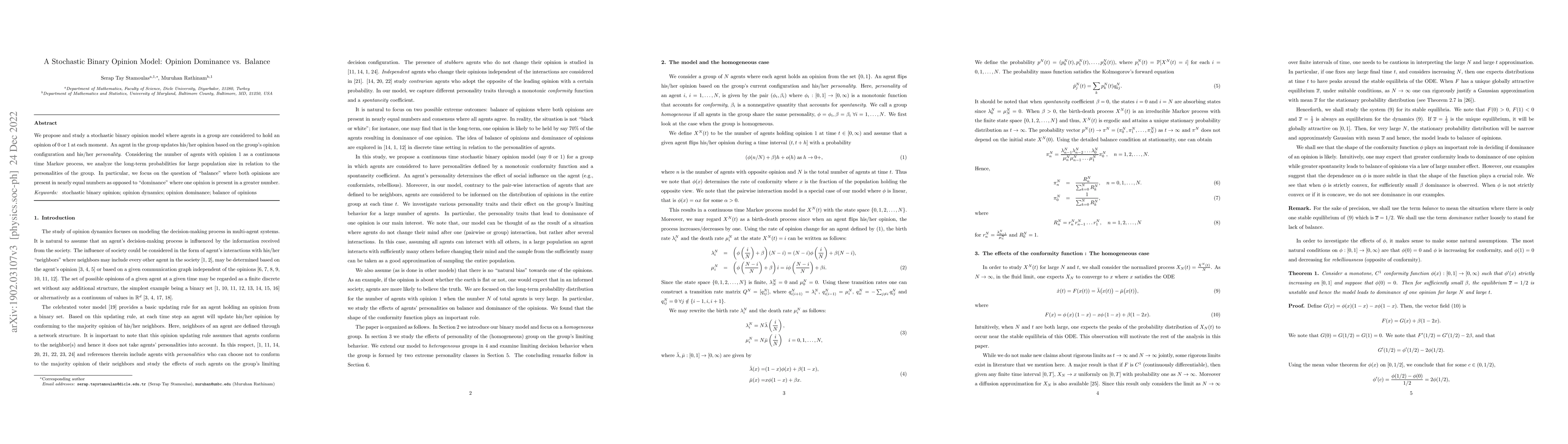 Thumbnail for A Stochastic Binary Opinion Model: Opinion Dominance vs. Balance