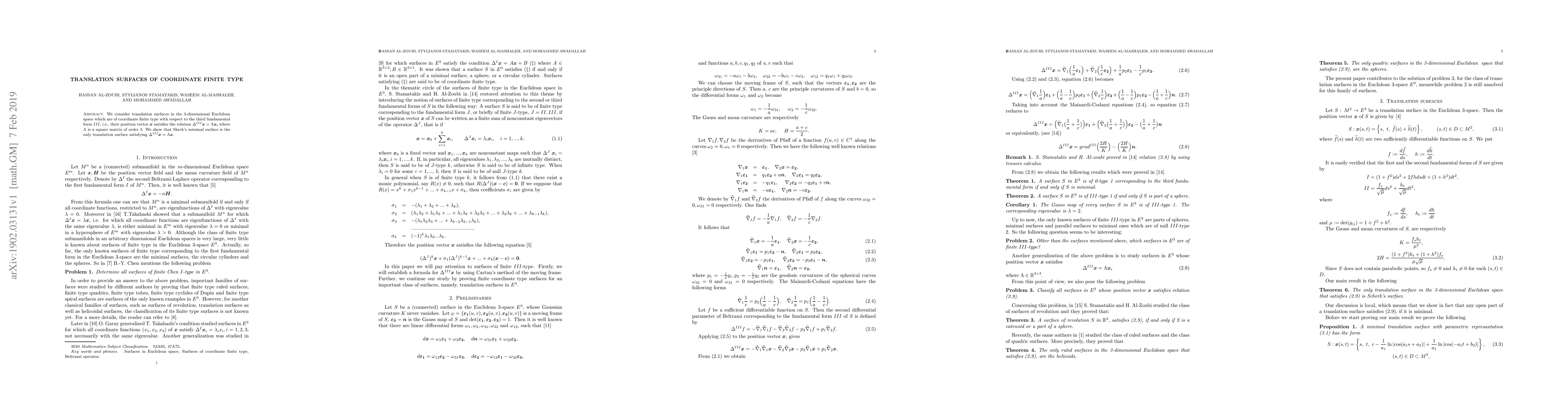 Thumbnail for Translation surfaces of coordinate finite type