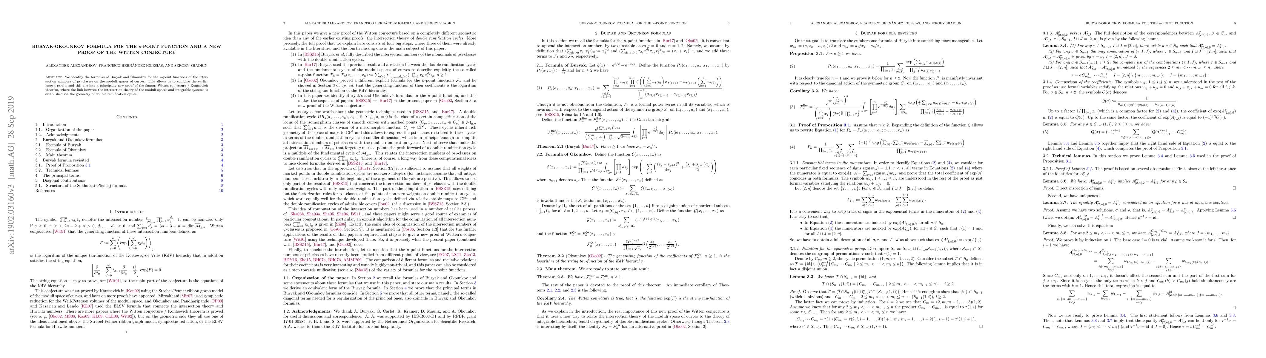 Thumbnail for Buryak-Okounkov formula for the $n$-point function and a new proof of
  the Witten conjecture