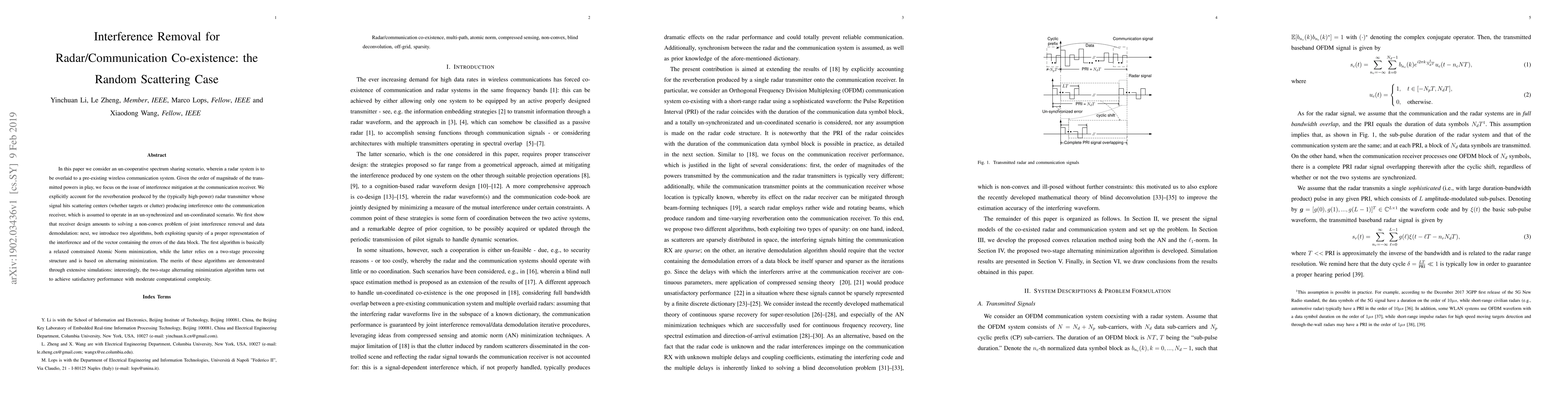 Thumbnail for Interference Removal for Radar/Communication Co-existence: the Random
  Scattering Case