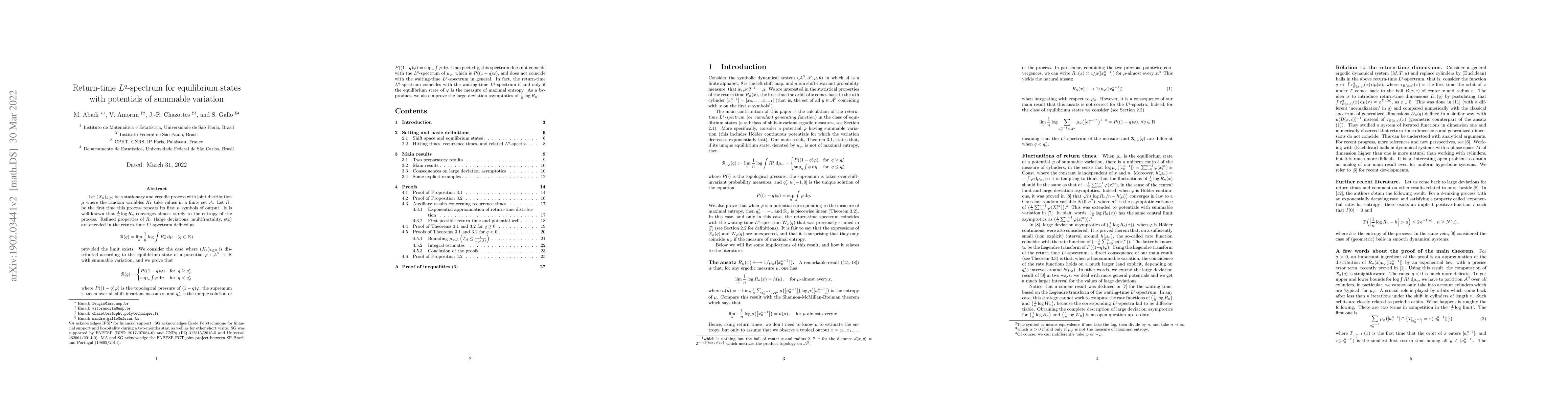 Thumbnail for The complete $L^q$-spectrum and large deviations for return times for
  equilibrium states with summable potentials