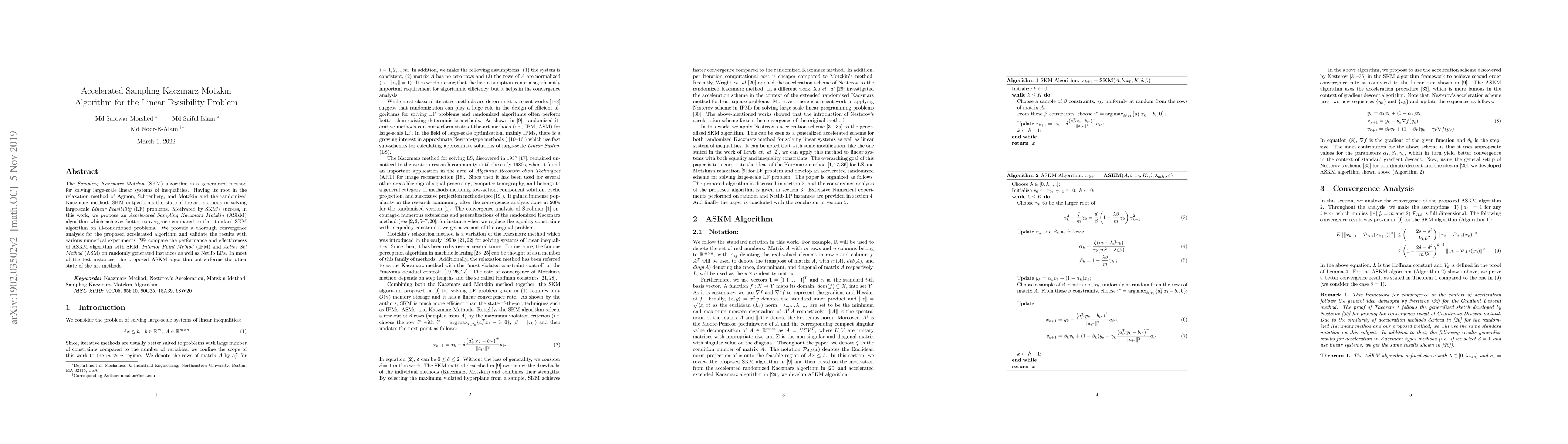 Thumbnail for Accelerated Sampling Kaczmarz Motzkin Algorithm for The Linear
  Feasibility Problem