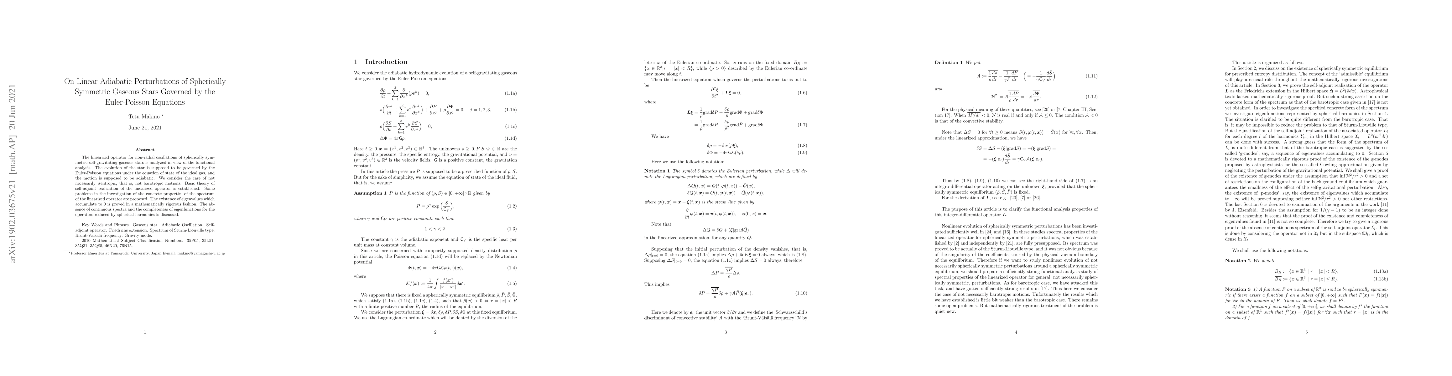 Thumbnail for On Linear Adiabatic Perturbations of Spherically Symmetric Gaseous Stars
  Governed by the Euler-Poisson Equations