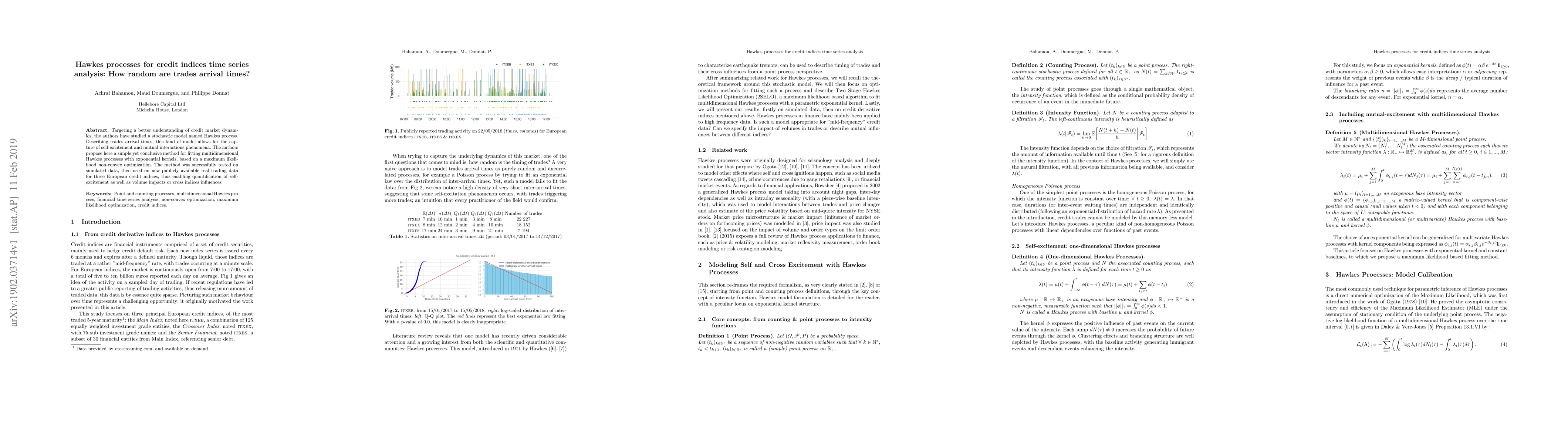 Thumbnail for Hawkes processes for credit indices time series analysis: How random are
  trades arrival times?