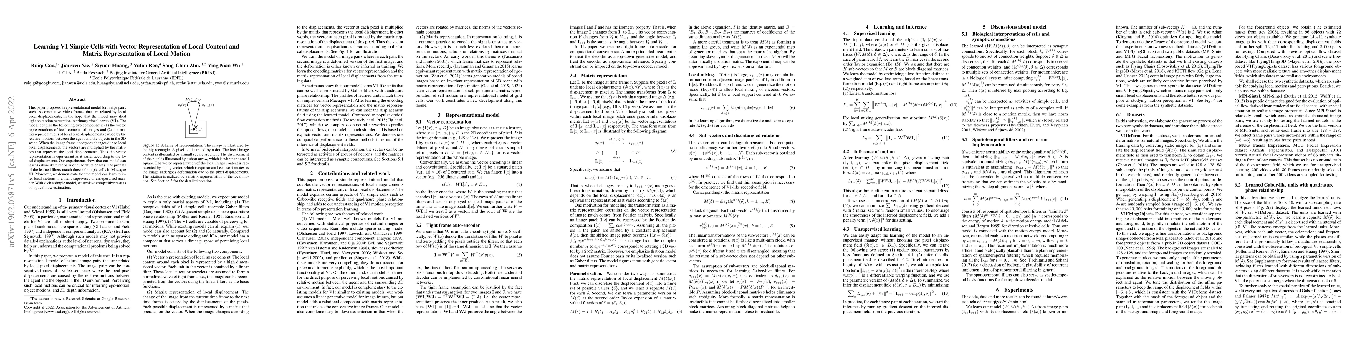 Thumbnail for Learning V1 Simple Cells with Vector Representation of Local Content and
  Matrix Representation of Local Motion