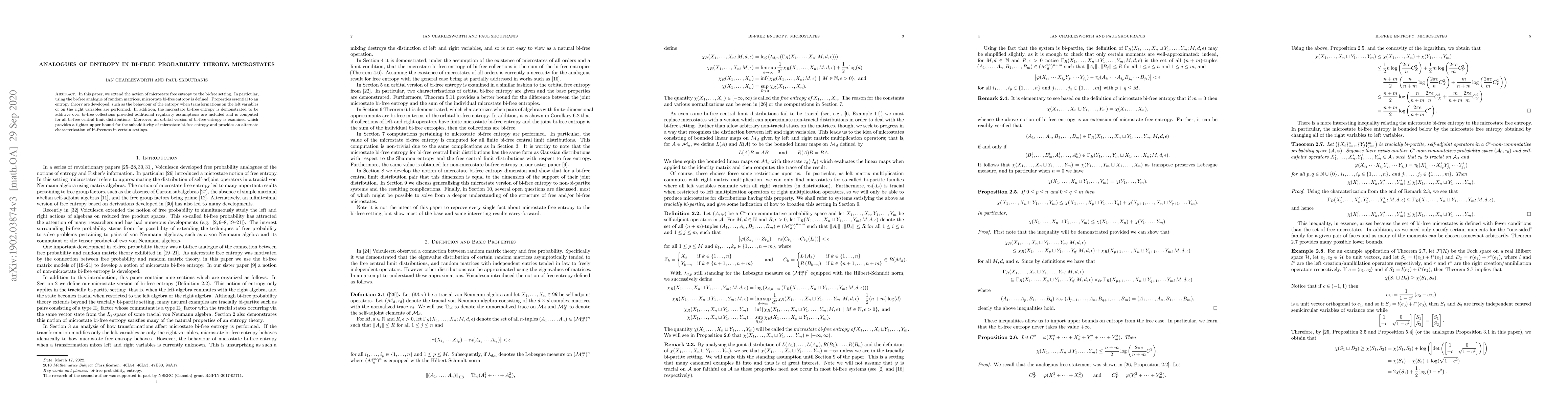 Thumbnail for Analogues of Entropy in Bi-Free Probability Theory: Microstates