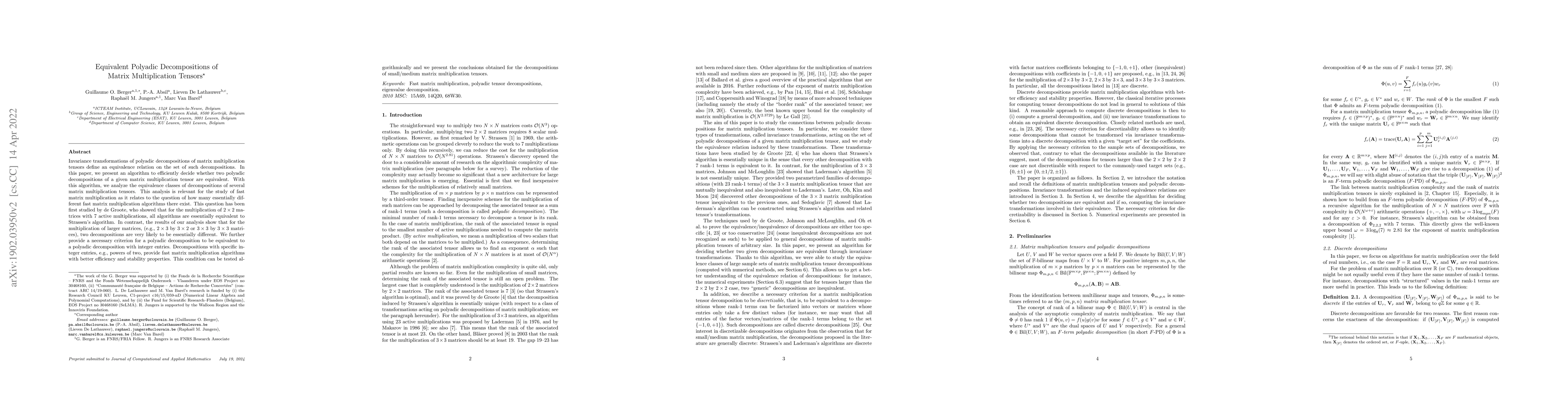 Thumbnail for Equivalent Polyadic Decompositions of Matrix Multiplication Tensors