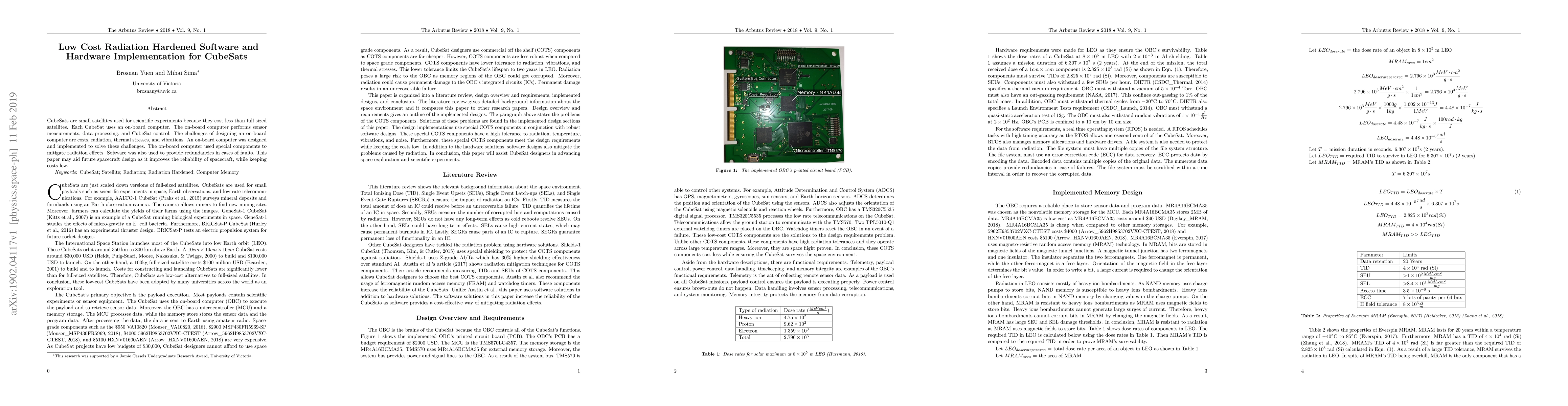 Thumbnail for Low Cost Radiation Hardened Software and Hardware Implementation for
  CubeSats