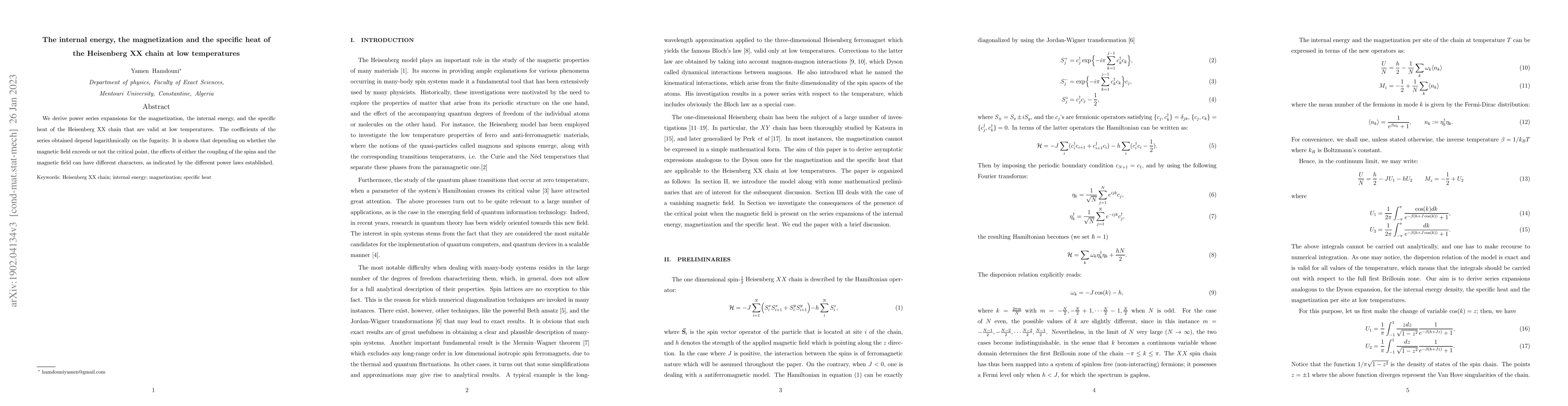 Thumbnail for The internal energy, the magnetization and the specific heat of the
  Heisenberg XX chain at low temperatures