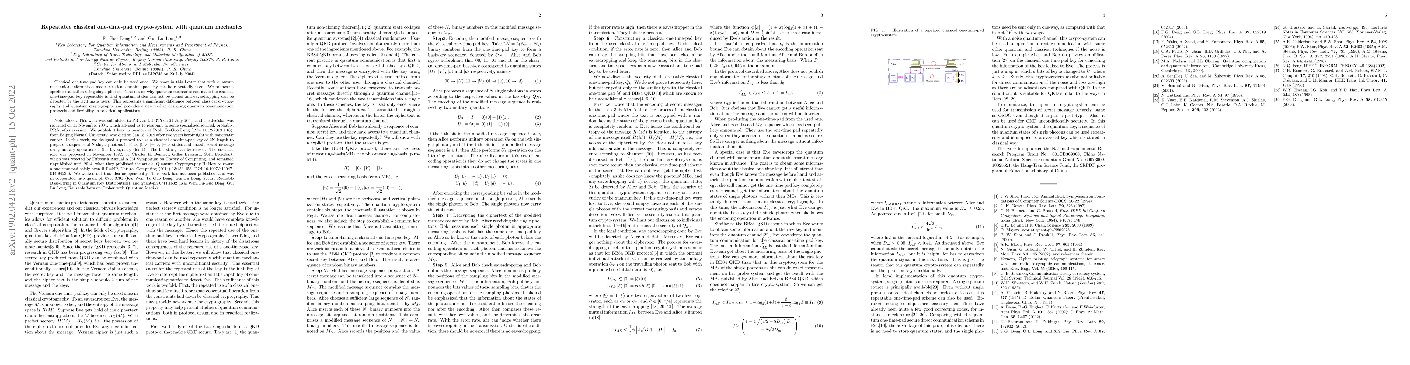 Thumbnail for Repeatable classical one-time-pad crypto-system with quantum mechanics