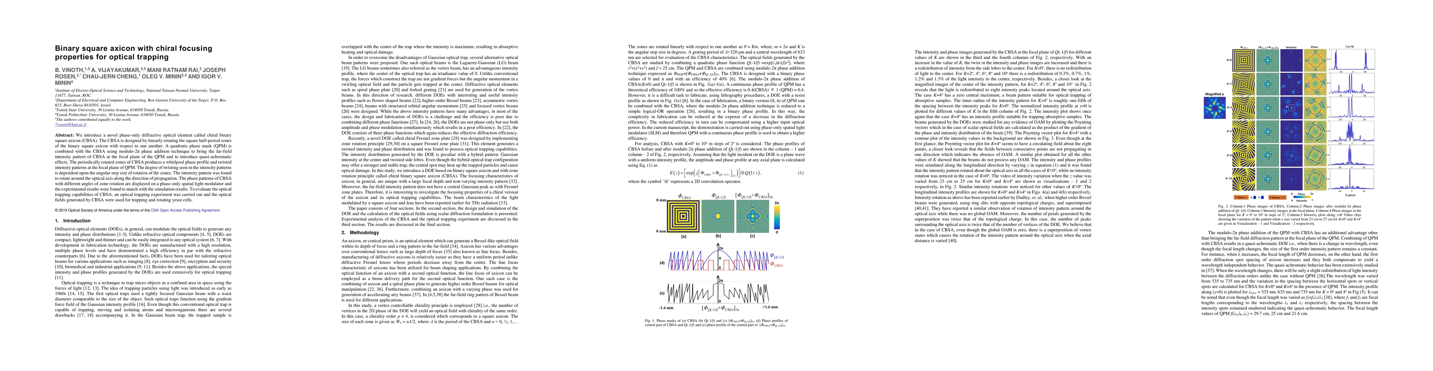 Thumbnail for Binary square axicon with chiral focusing properties for optical
  trapping