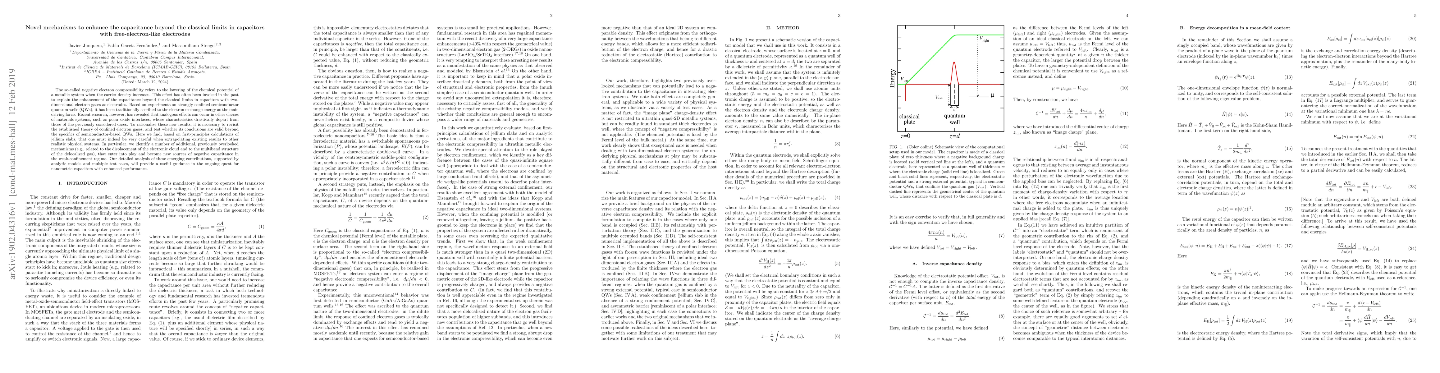 Thumbnail for Novel mechanisms to enhance the capacitance beyond the classical limits
  in capacitors with free-electron-like electrodes