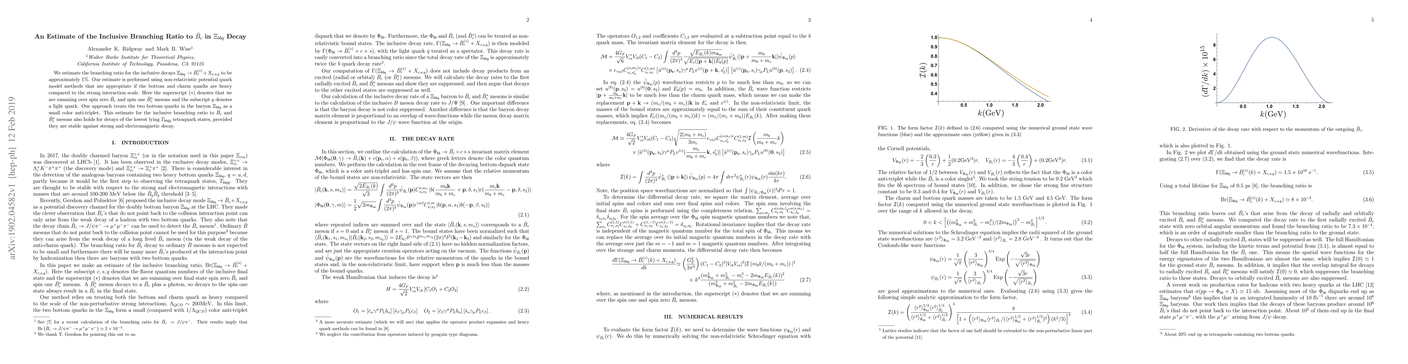 Thumbnail for An Estimate of the Inclusive Branching Ratio to ${\bar B}_c$ in
  $\Xi_{bbq}$ Decay