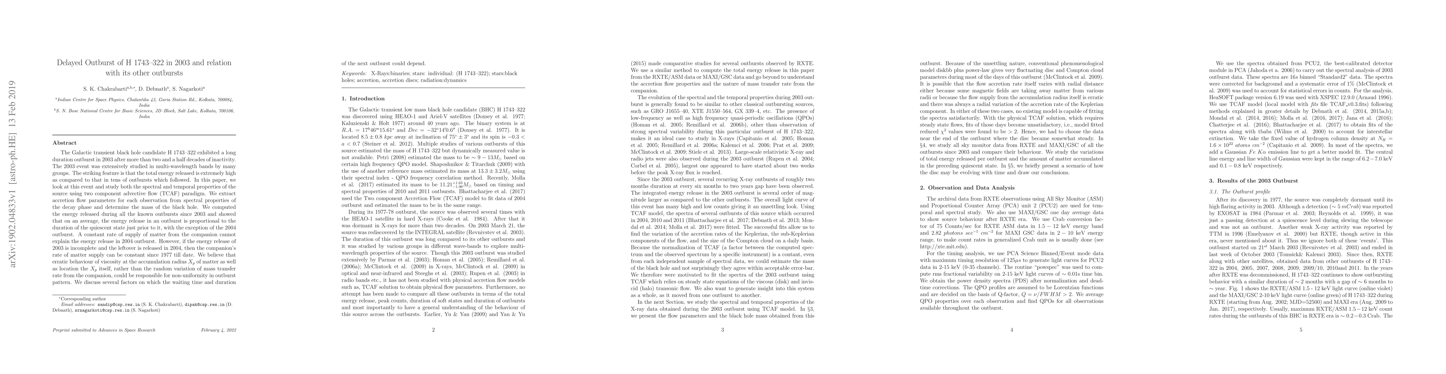 Thumbnail for Delayed Outburst of H 1743--322 in 2003 and relation with its other
  outbursts