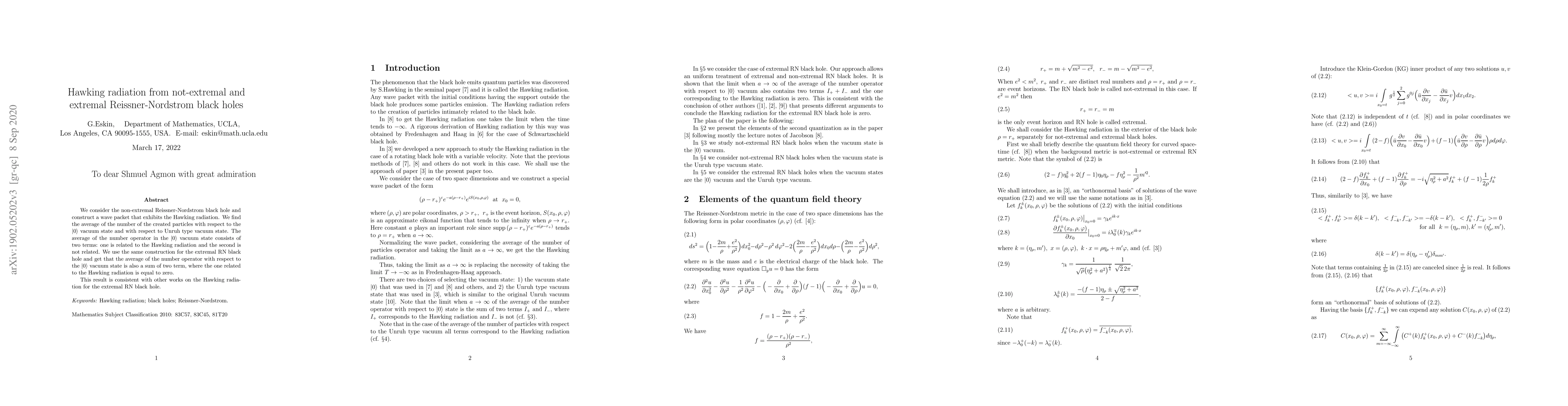 Thumbnail for Hawking radiation from not-extremal and extremal Reissner-Nordstrom
  black holes