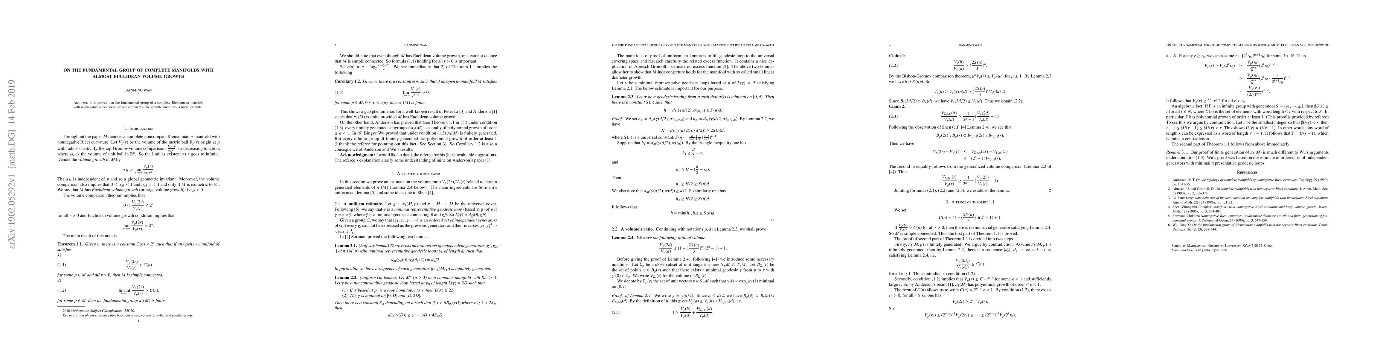 Thumbnail for On the fundamental group of complete manifolds with almost Euclidean
  volume growth