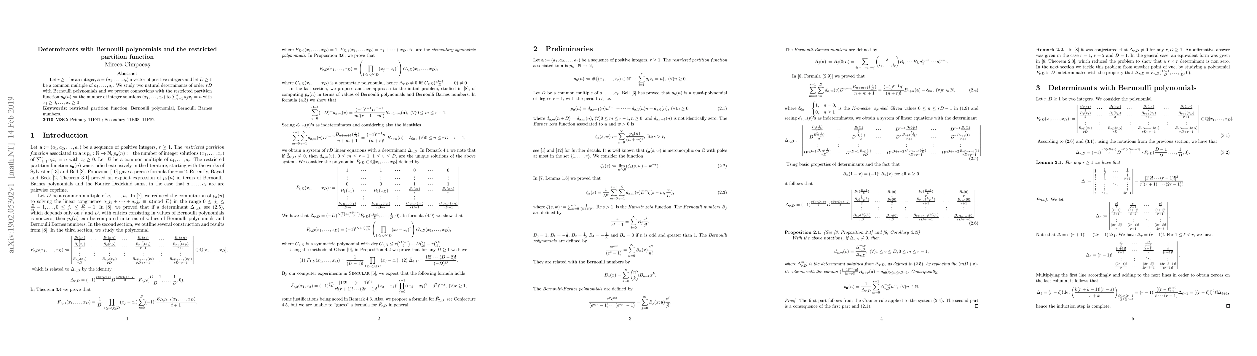Thumbnail for Determinants with Bernoulli polynomials and the restricted partition
  function
