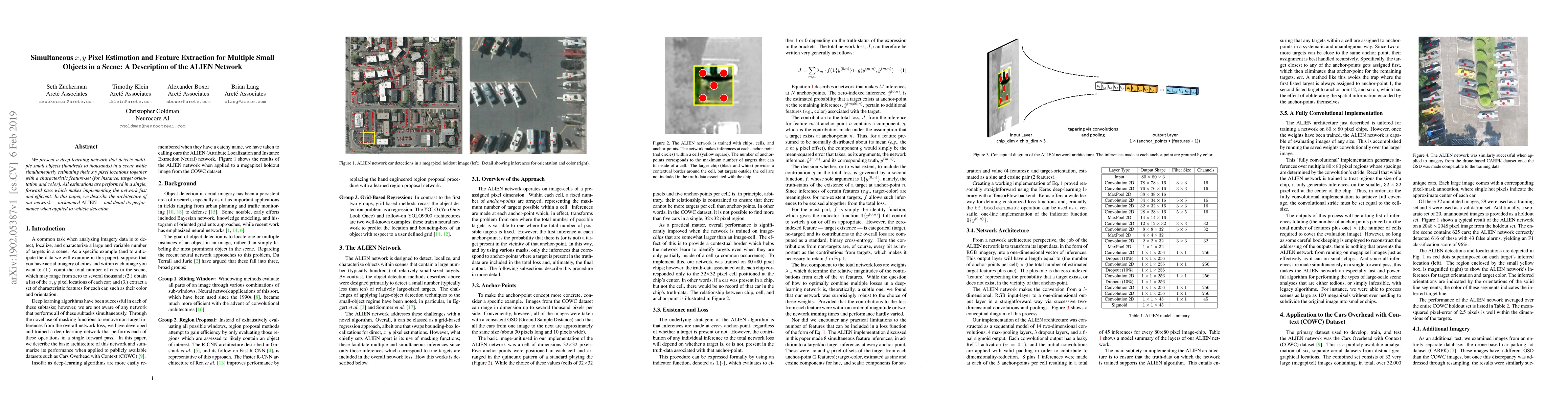 Thumbnail for Simultaneous x, y Pixel Estimation and Feature Extraction for Multiple
  Small Objects in a Scene: A Description of the ALIEN Network