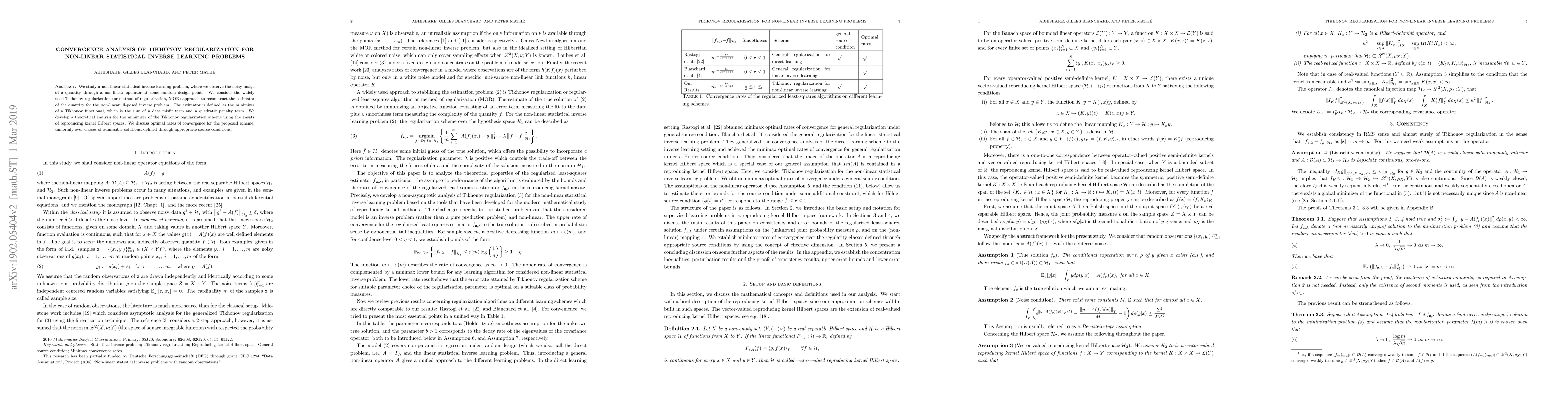 Thumbnail for Convergence analysis of Tikhonov regularization for non-linear
  statistical inverse learning problems