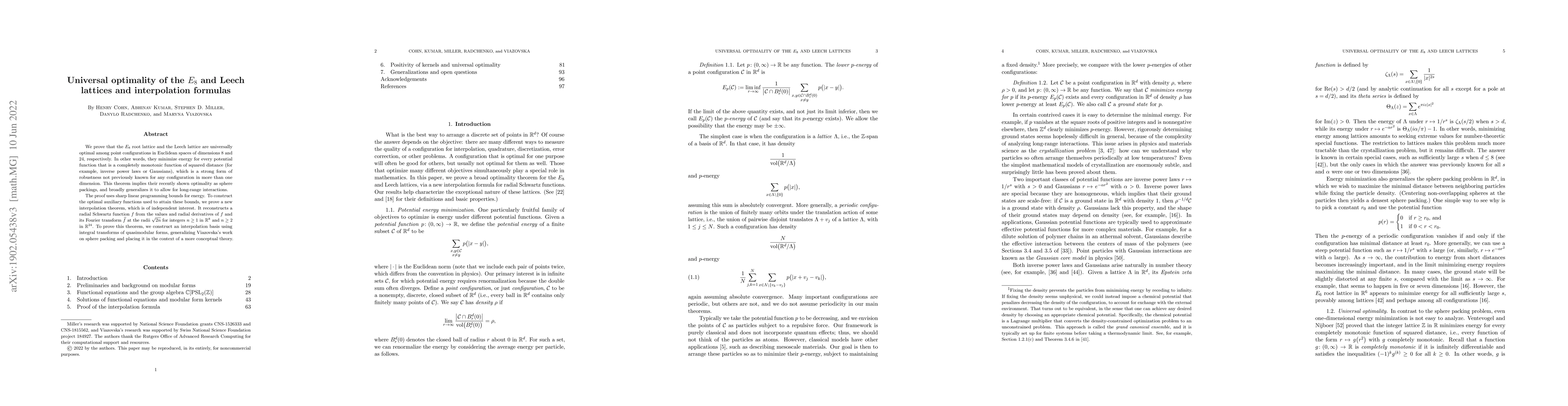 Thumbnail for Universal optimality of the $E_8$ and Leech lattices and interpolation
  formulas