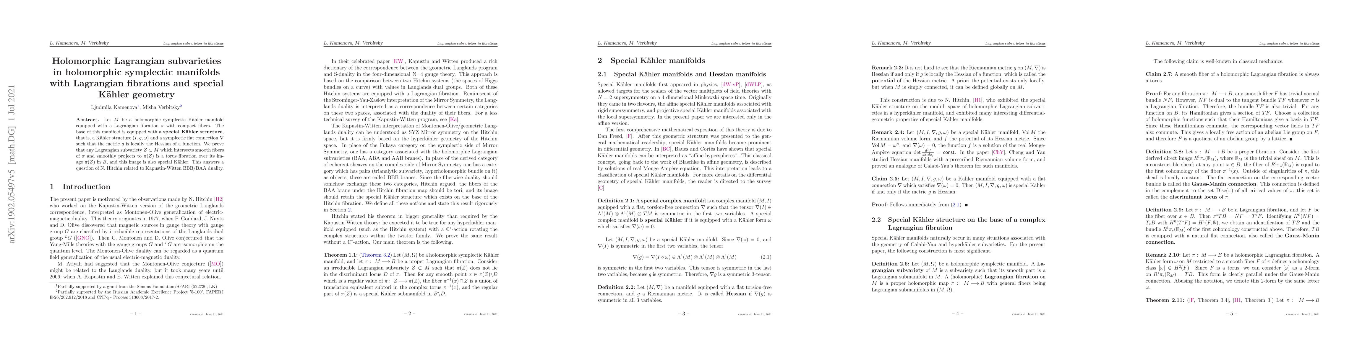 Thumbnail for Holomorphic Lagrangian subvarieties in holomorphic symplectic manifolds
  with Lagrangian fibrations and special Kahler geometry
