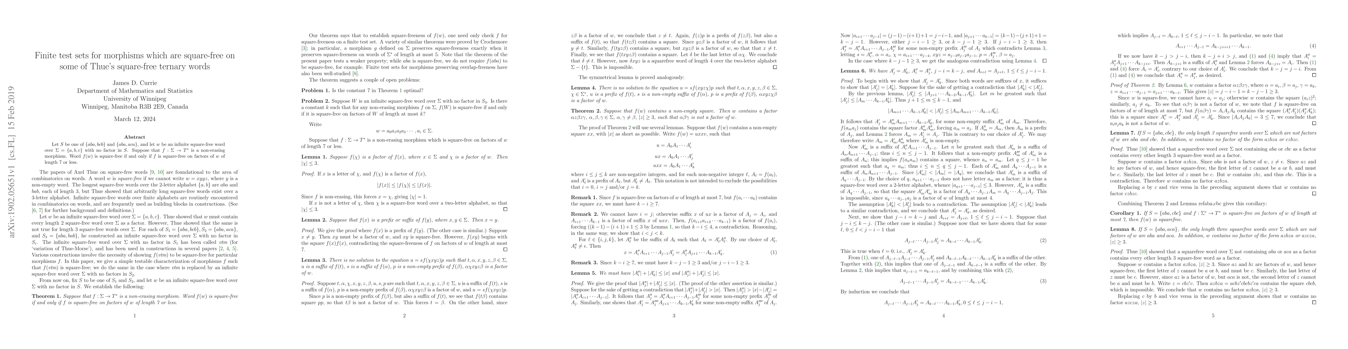 Thumbnail for Finite test sets for morphisms which are square-free on some of Thue's
  square-free ternary words