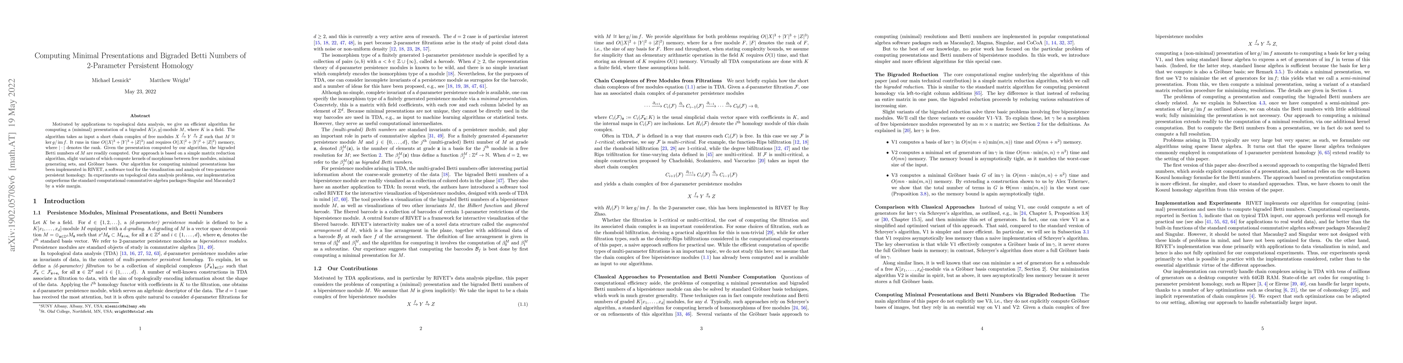 Thumbnail for Computing Minimal Presentations and Bigraded Betti Numbers of
  2-Parameter Persistent Homology