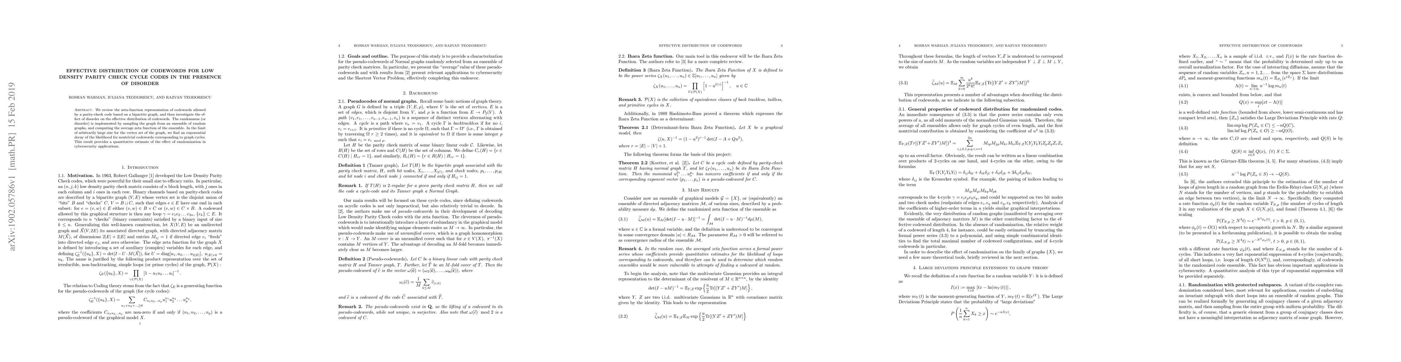 Thumbnail for Effective distribution of codewords for Low Density Parity Check Cycle
  codes in the presence of disorder
