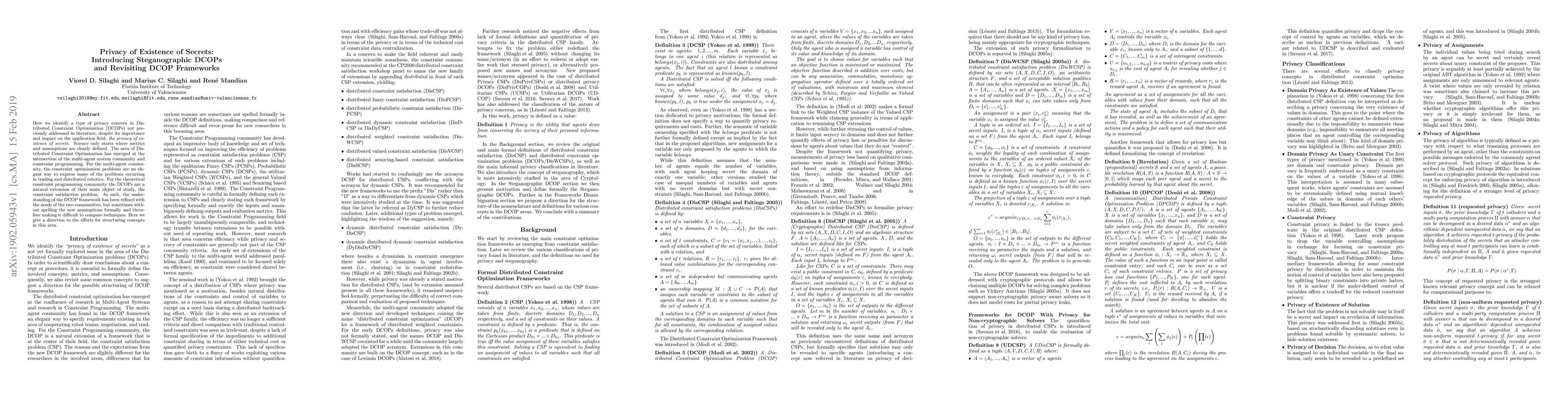 Thumbnail for Privacy of Existence of Secrets: Introducing Steganographic DCOPs and
  Revisiting DCOP Frameworks