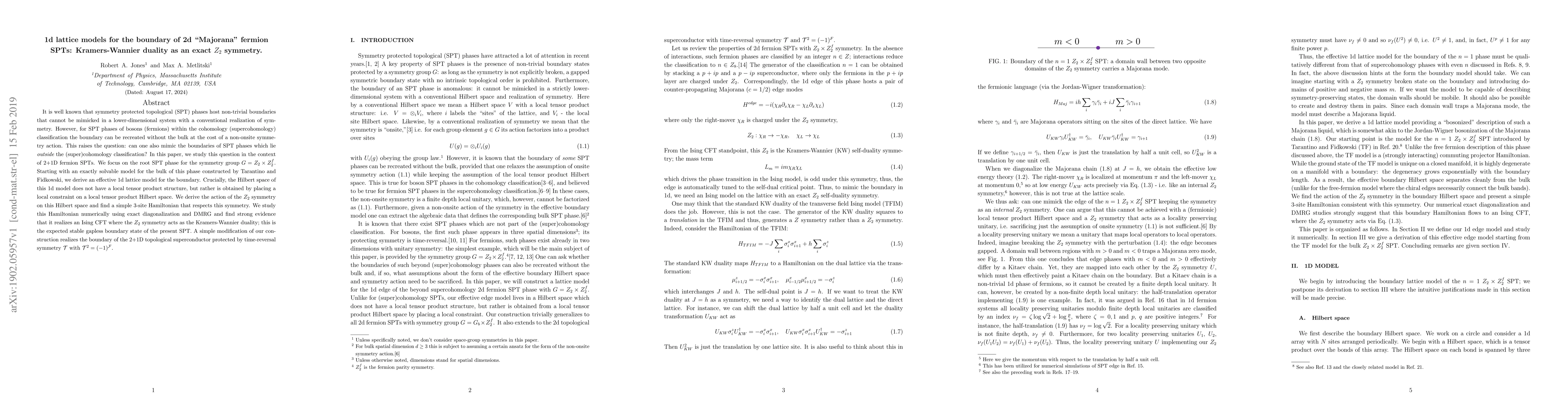 Thumbnail for 1d lattice models for the boundary of 2d "Majorana" fermion SPTs:
  Kramers-Wannier duality as an exact $Z_2$ symmetry